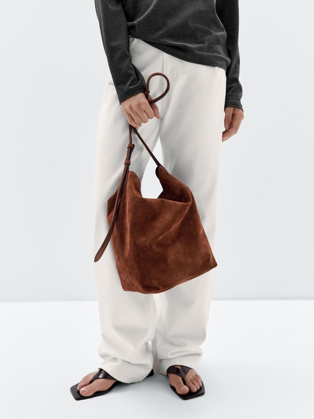 Split suede leather bucket bag