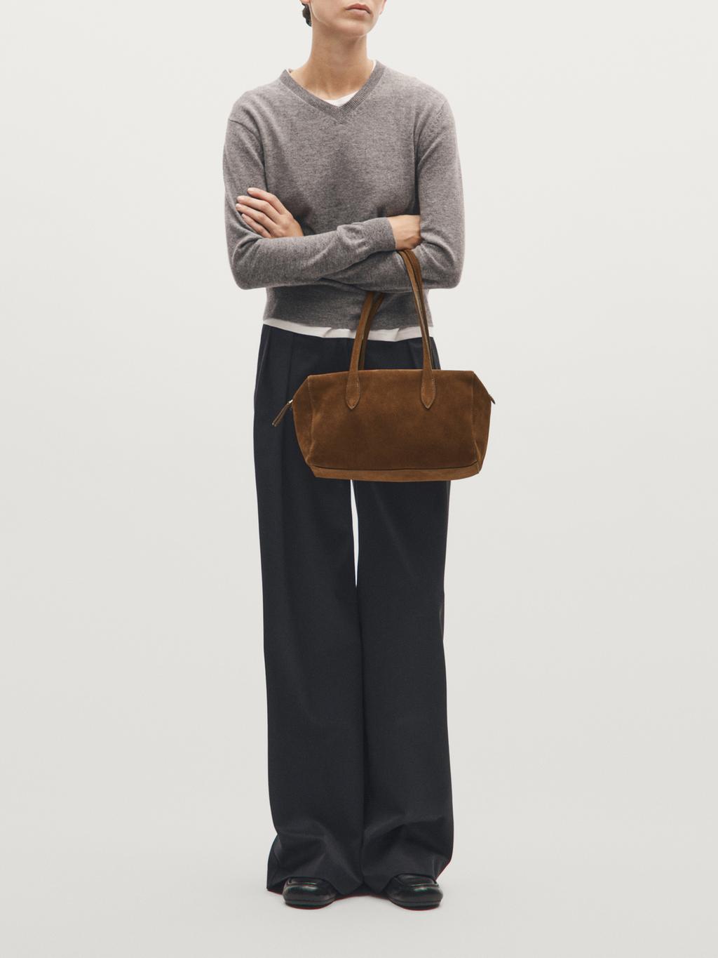 Split suede leather west satchel bag