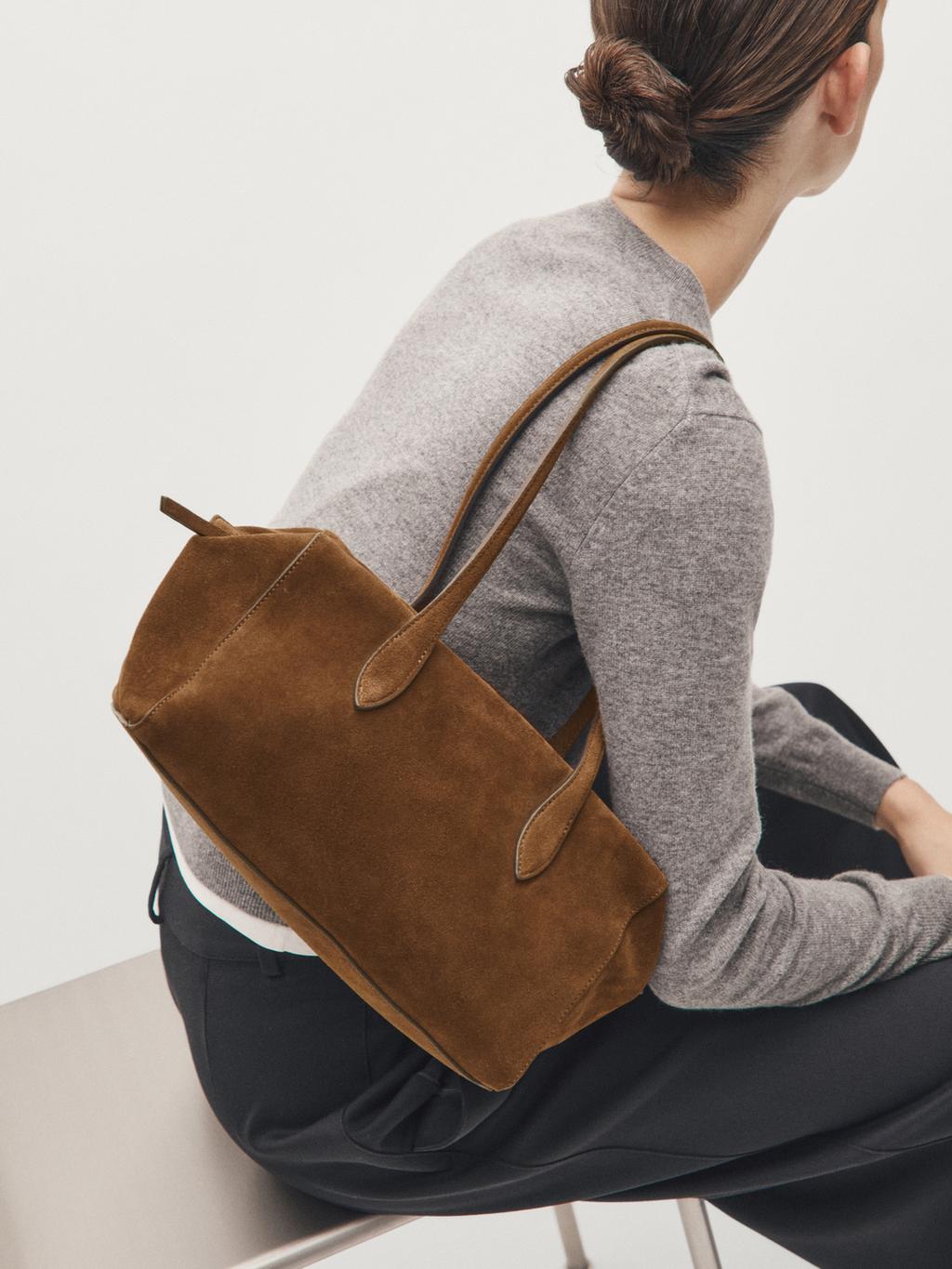 Split suede leather west satchel bag