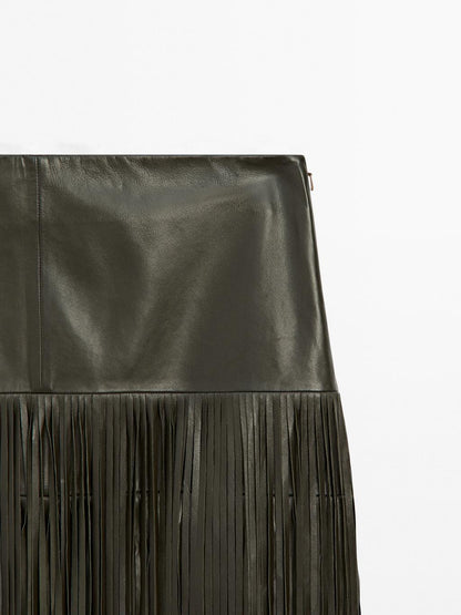 Nappa leather midi skirt with fringing - STUDIO
