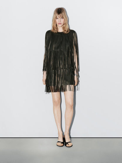 Short nappa leather dress with fringing - STUDIO