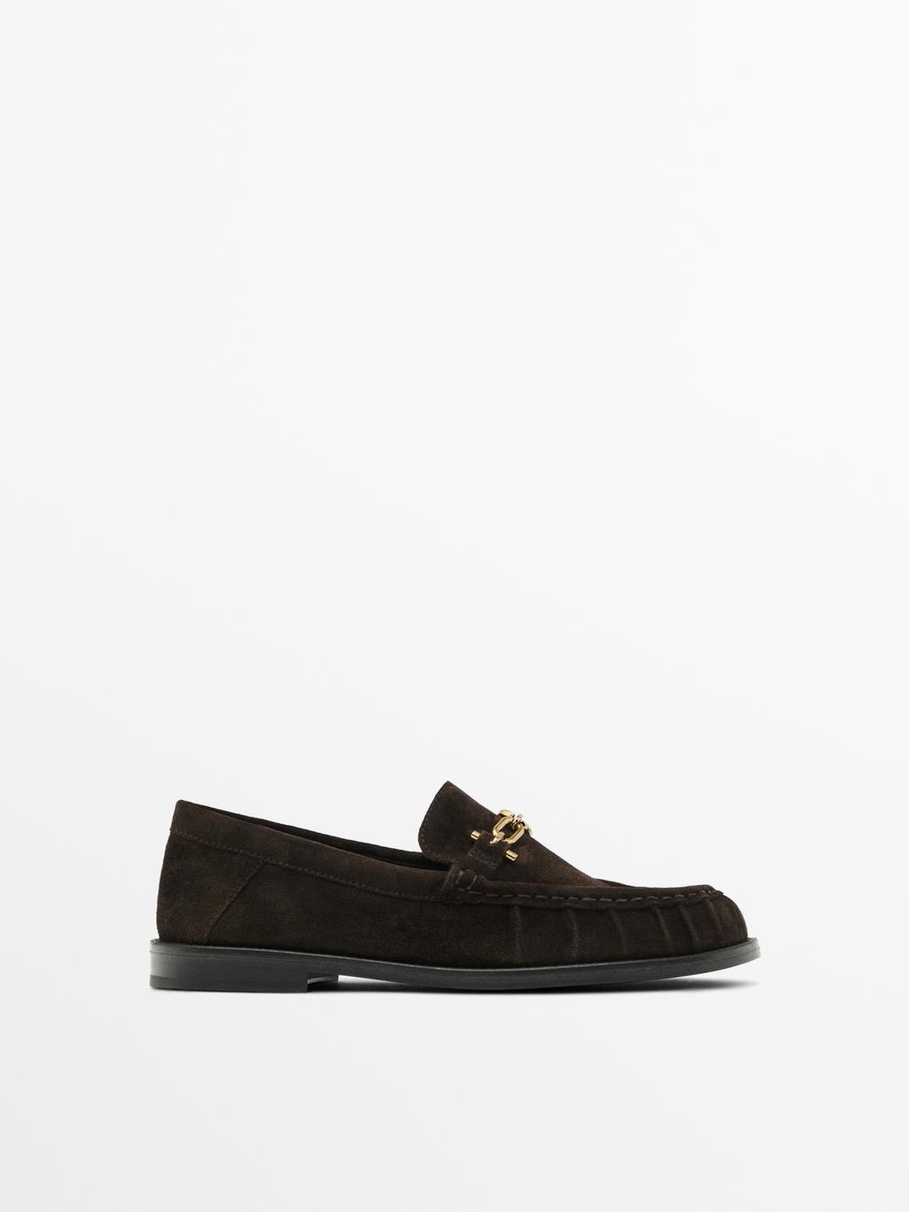 Split suede loafers with metal applique