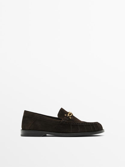 Split suede loafers with metal applique