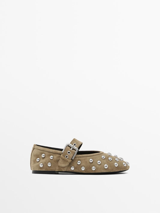 Studded split leather ballet flats