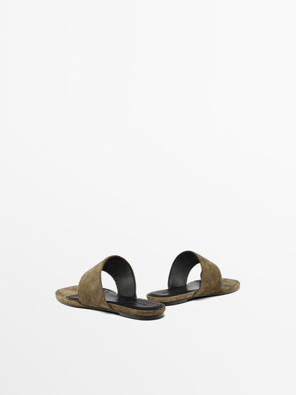 Split suede flat slider sandals with ring detail