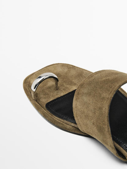 Split suede flat slider sandals with ring detail