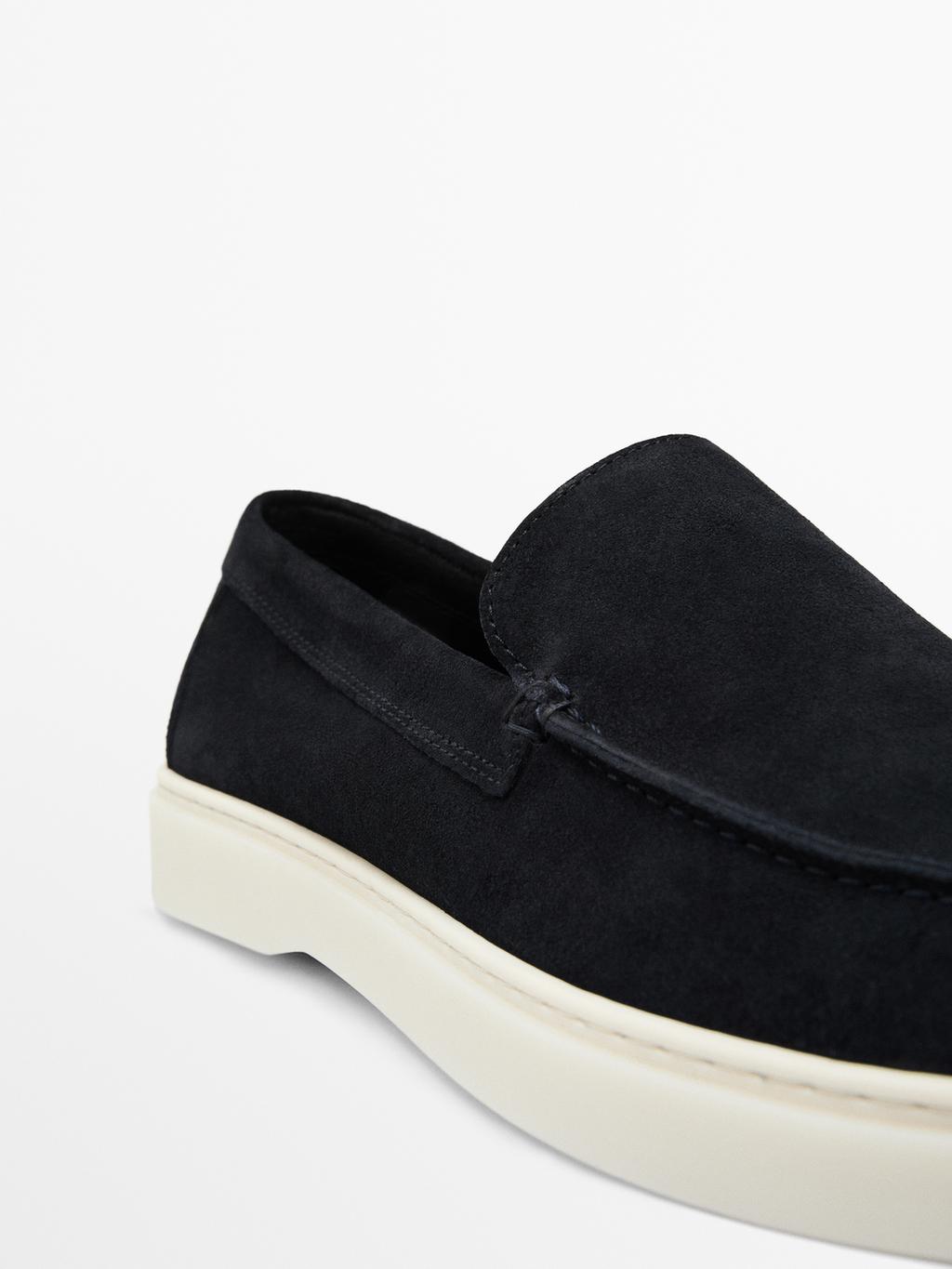 Navy blue split suede loafers