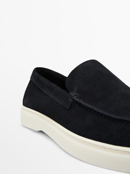 Navy blue split suede loafers